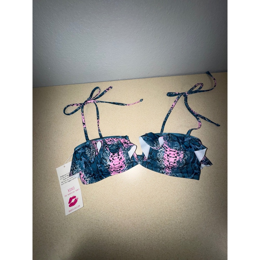 BuddyLove Naomi Bikini Top Pink Teal Snakeskin Ruffle Tie Strap Small NWT